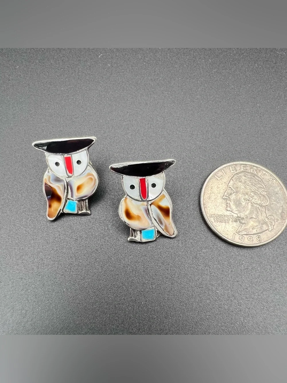 Native American Zuni Inlay Owl Earrings